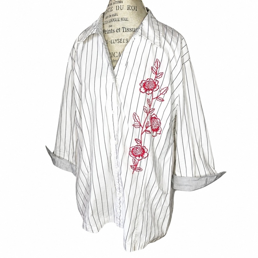 Vtg Napa Valley Pinstripe Floral Embroidered Button Top Womens 3X Office Classic